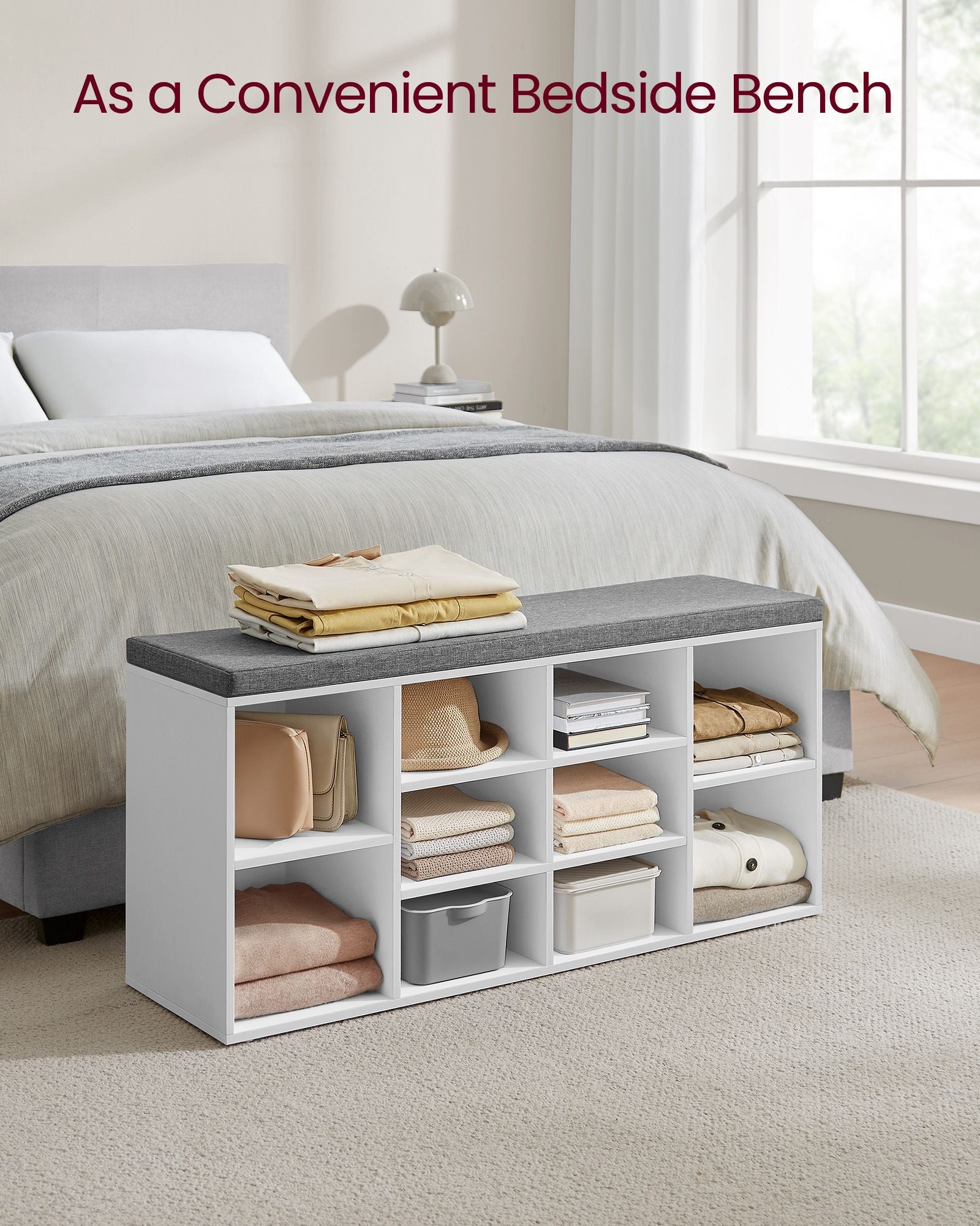 Shoe Bench – Wooden – White – With Seat Cushion and Storage Cabinet