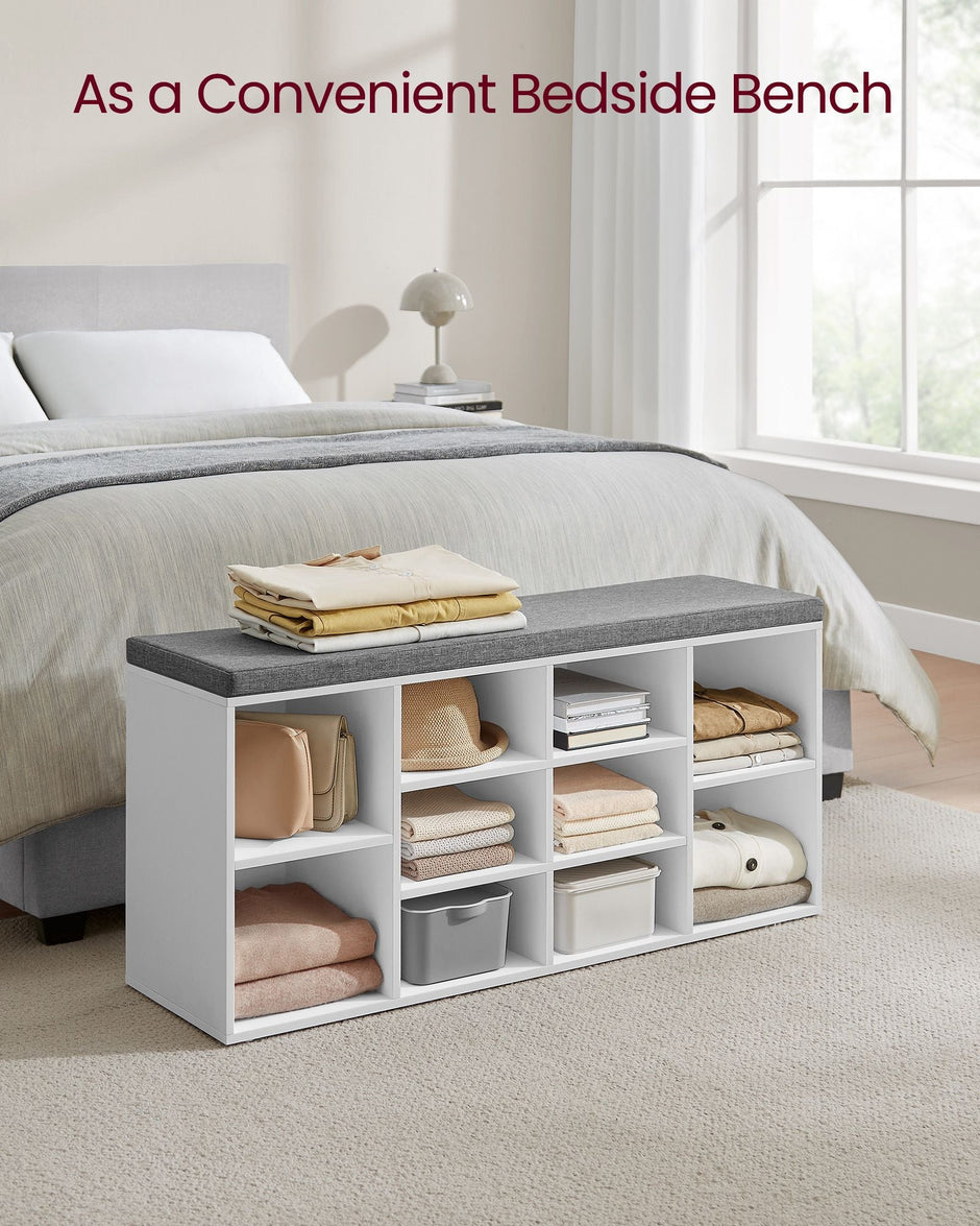Shoe Bench – Wooden – White – With Seat Cushion and Storage Cabinet