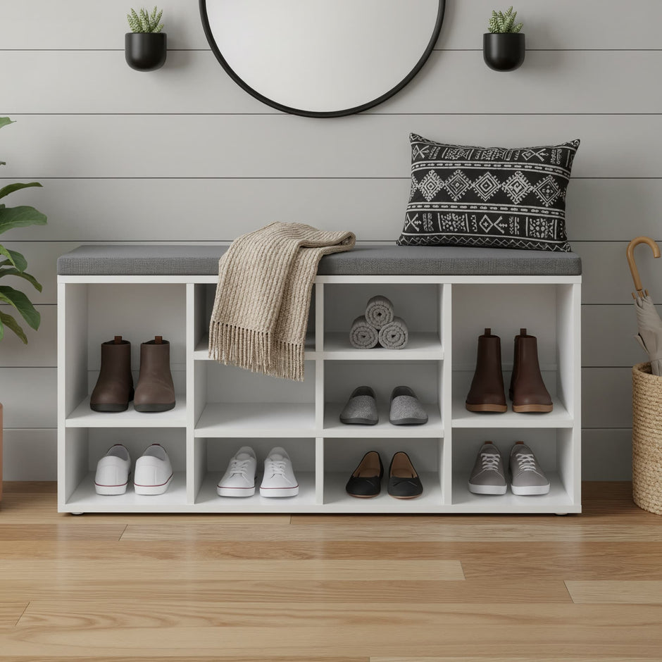 Entryway Storage Bench – Wooden – White – 10-Compartment Shoe Organizer with Cushion