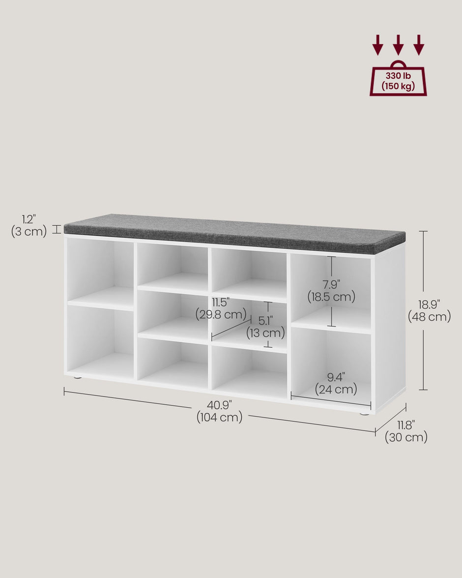 Shoe Bench – Wooden – White – With Seat Cushion and Storage Cabinet