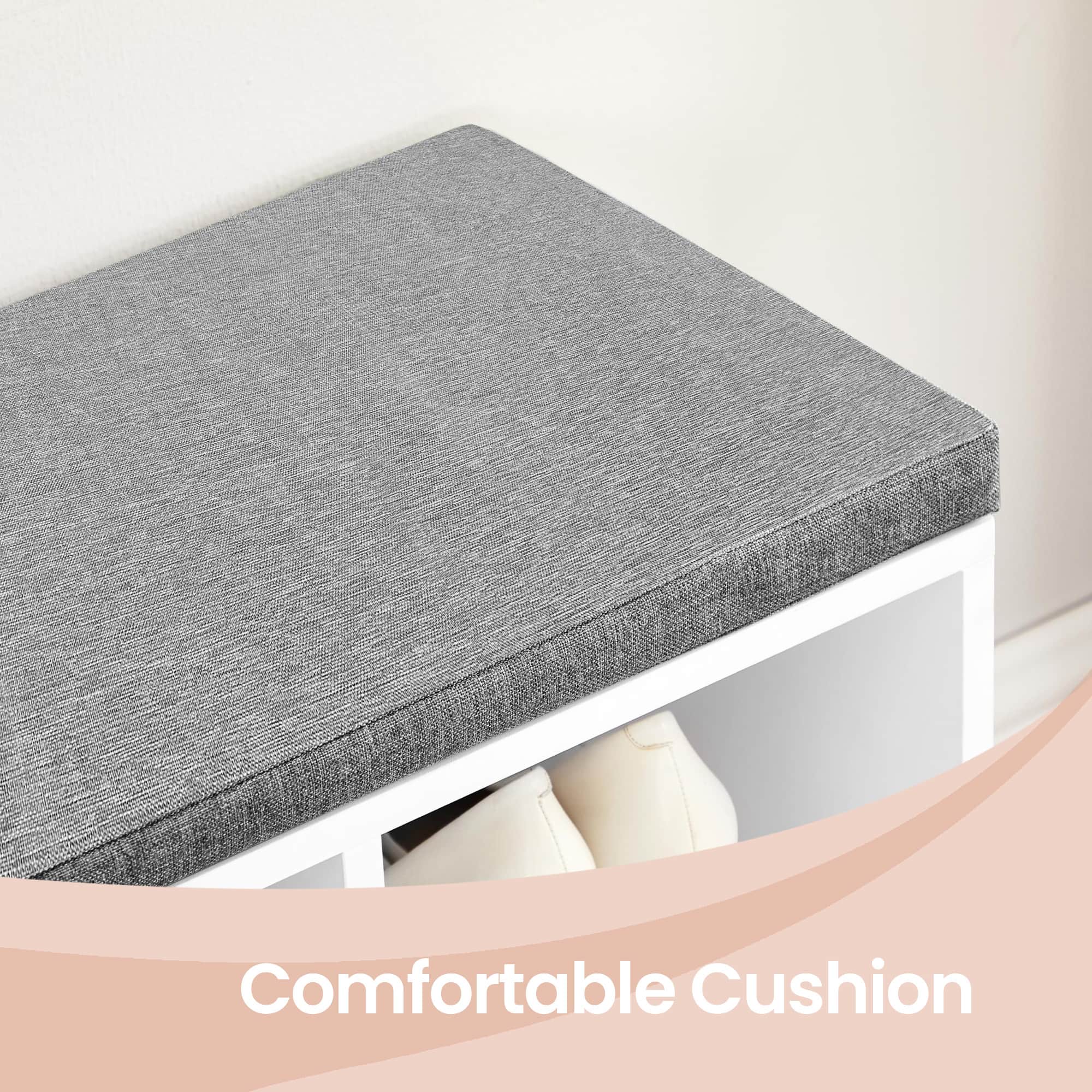 Entryway Storage Bench – Wooden – White – 10-Compartment Shoe Organizer with Cushion
