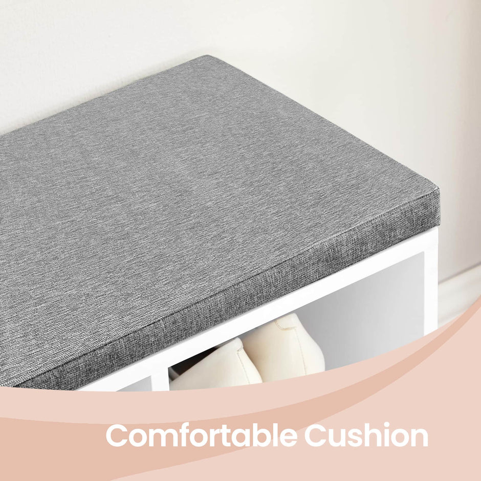 Entryway Storage Bench – Wooden – White – 10-Compartment Shoe Organizer with Cushion