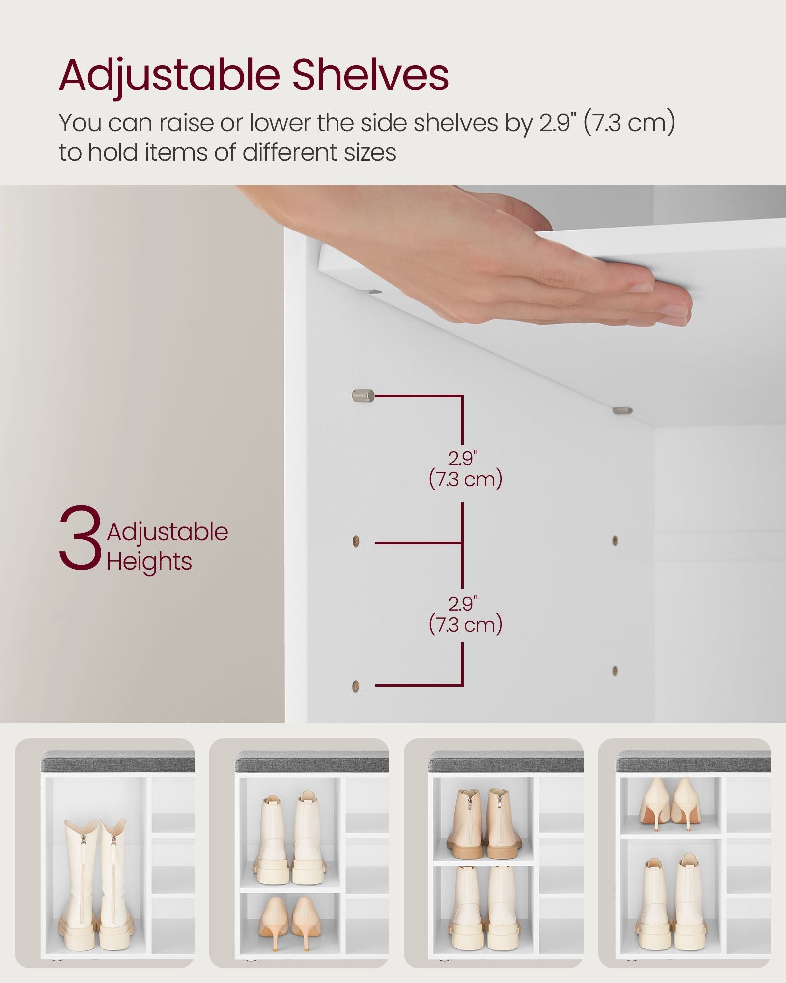 Shoe Bench – Wooden – White – With Seat Cushion and Storage Cabinet