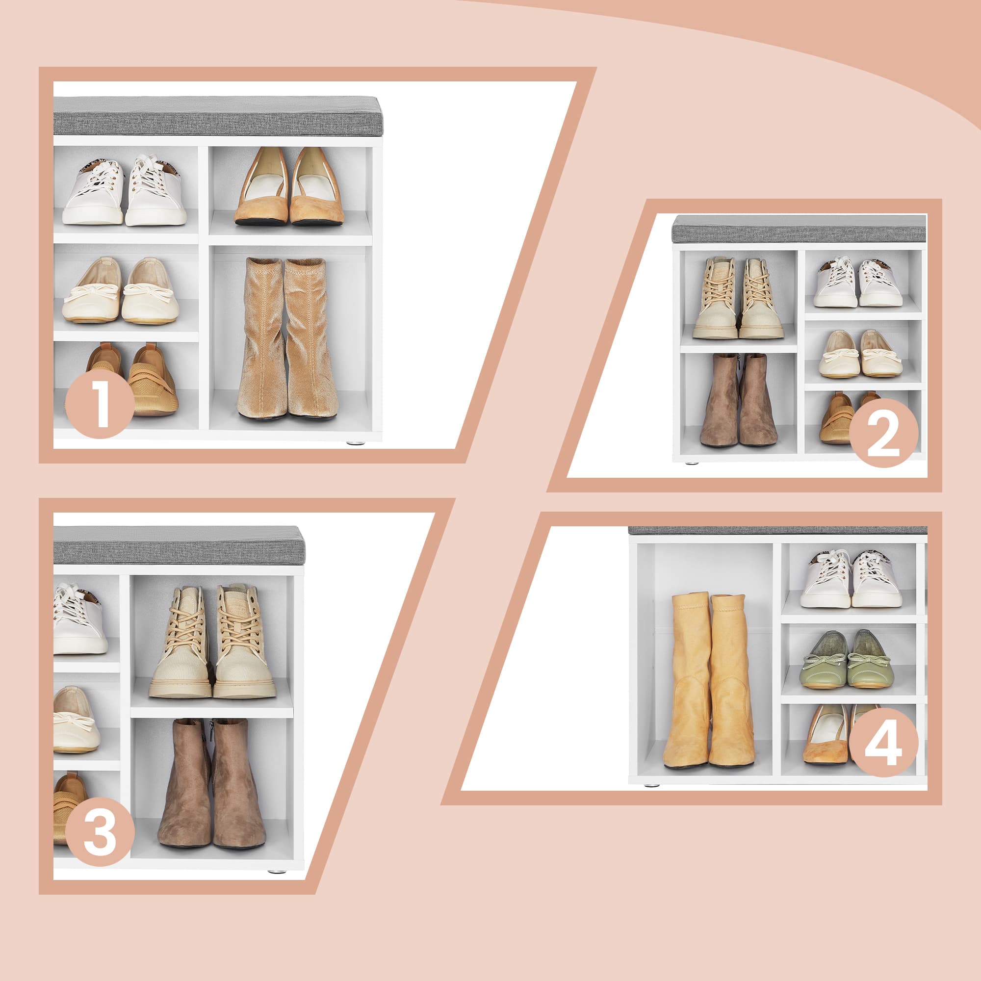 Entryway Storage Bench – Wooden – White – 10-Compartment Shoe Organizer with Cushion