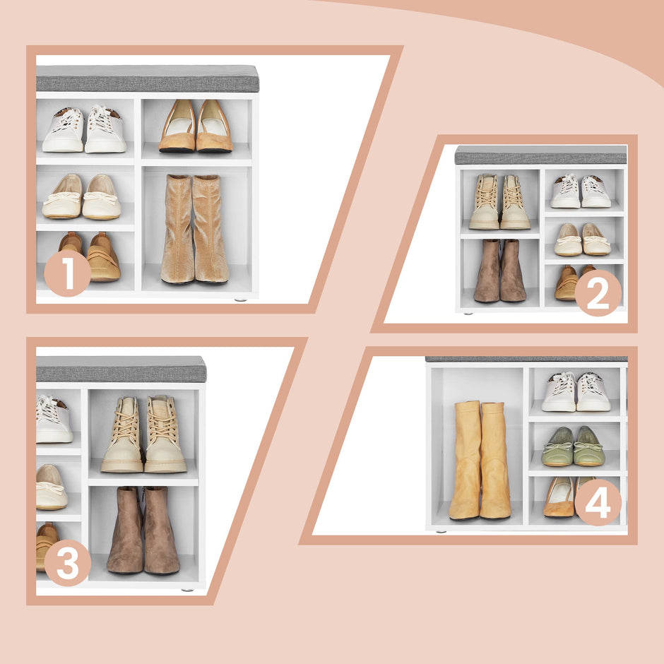 Entryway Storage Bench – Wooden – White – 10-Compartment Shoe Organizer with Cushion