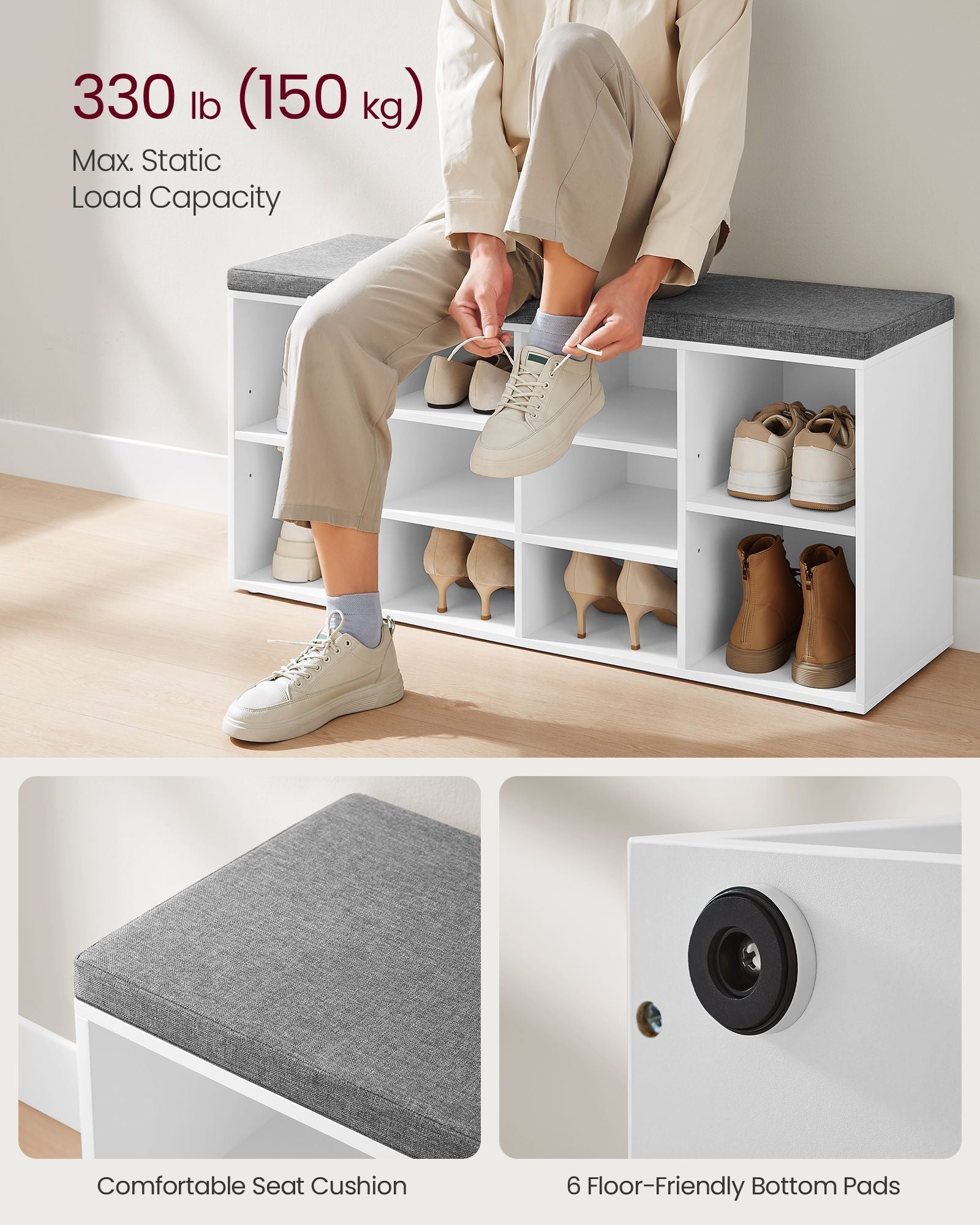 Shoe Bench – Wooden – White – With Seat Cushion and Storage Cabinet