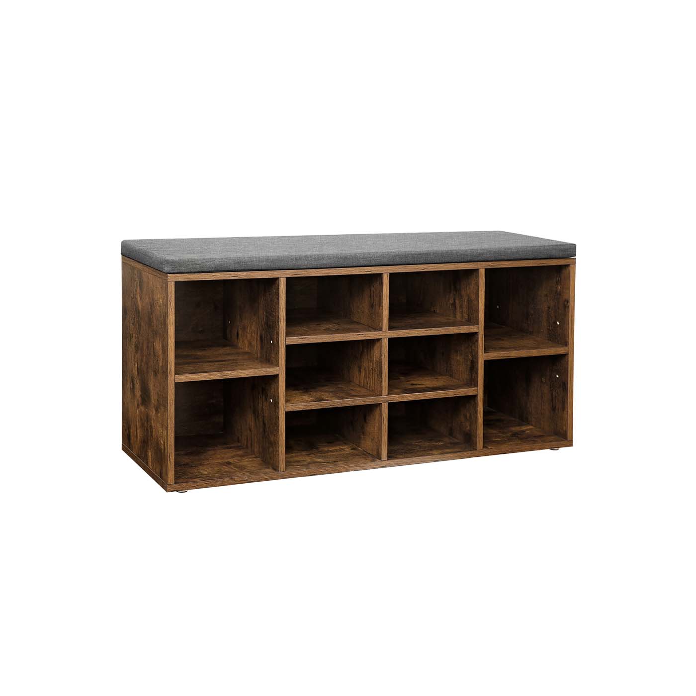 Shoe Bench – Wooden – Rustic Brown and Grey – 10 Compartments with Cushion