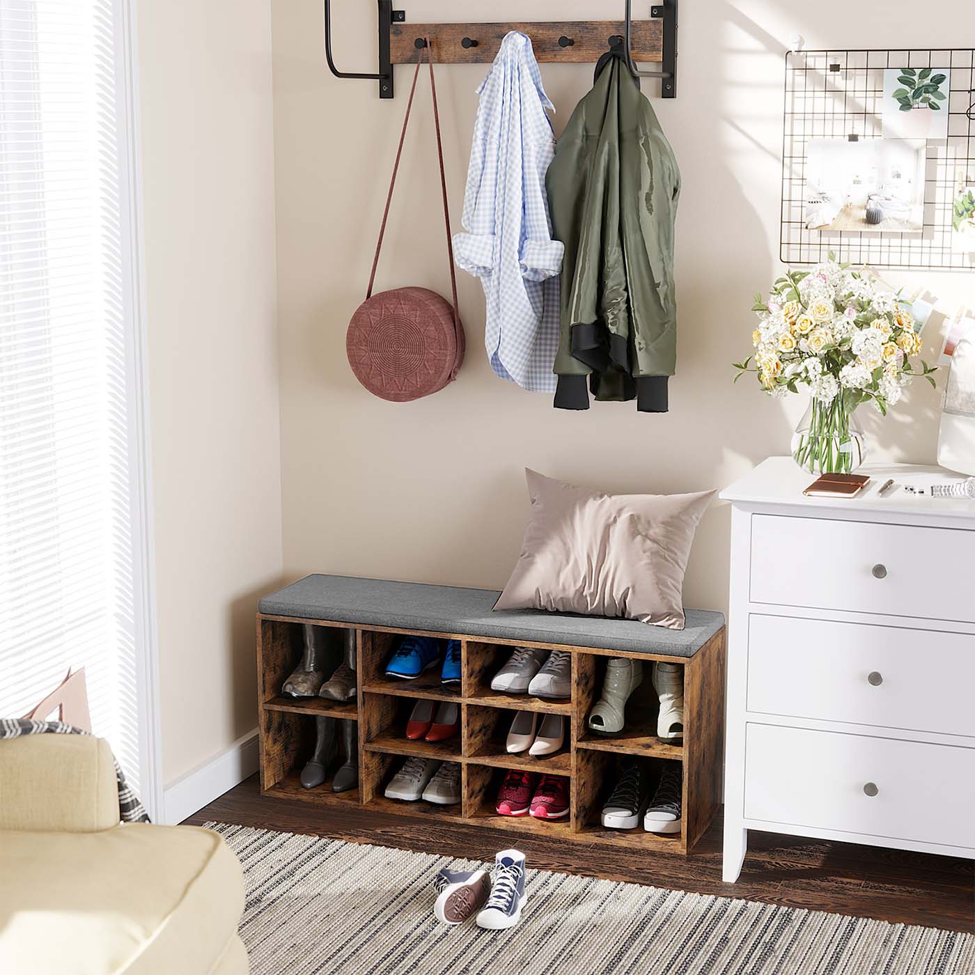 Shoe Bench – Wooden – Rustic Brown and Grey – 10 Compartments with Cushion