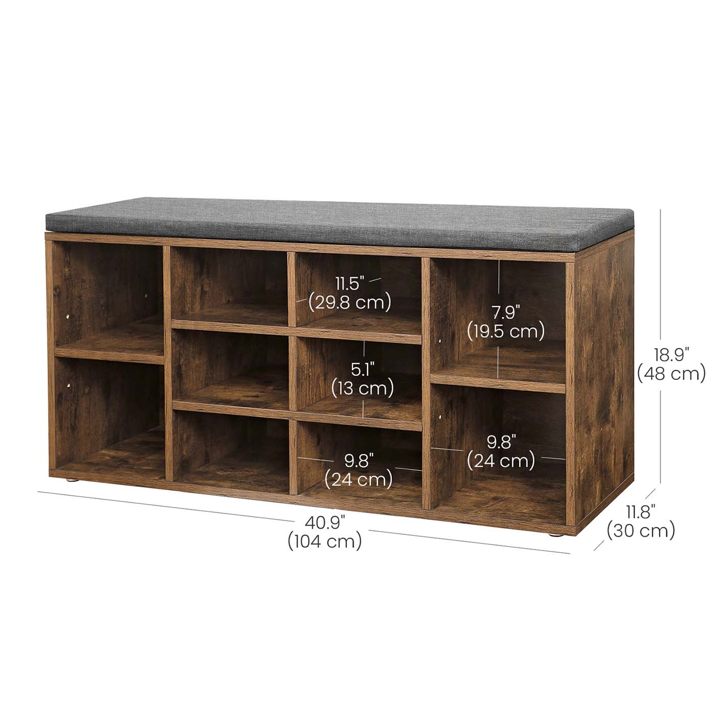 Shoe Bench – Wooden – Rustic Brown and Grey – 10 Compartments with Cushion