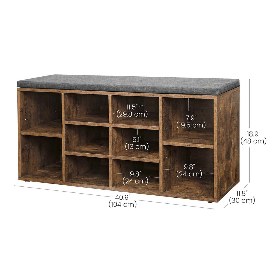 Shoe Bench – Wooden – Rustic Brown and Grey – 10 Compartments with Cushion