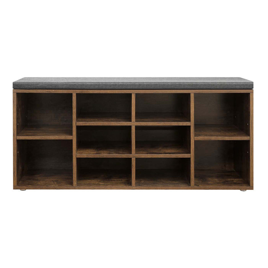 Shoe Bench – Wooden – Rustic Brown and Grey – 10 Compartments with Cushion