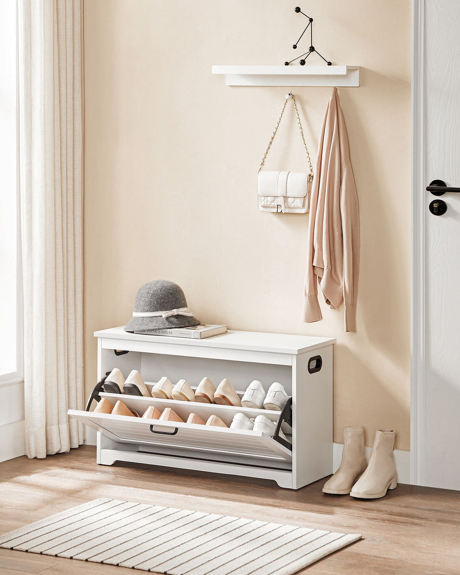 Shoe Bench – Wood – Cloud White – Adjustable Interior Divider and Folding Door