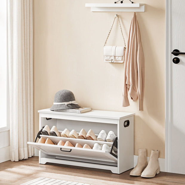Shoe Bench – Wood – Cloud White – Adjustable Interior Divider and Folding Door