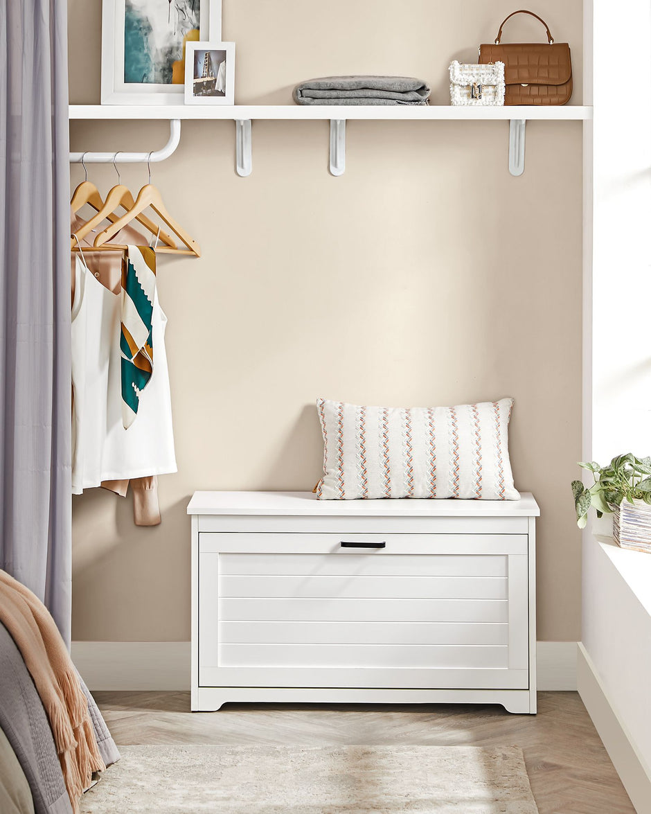 Shoe Bench – Wood – Cloud White – Adjustable Interior Divider and Folding Door