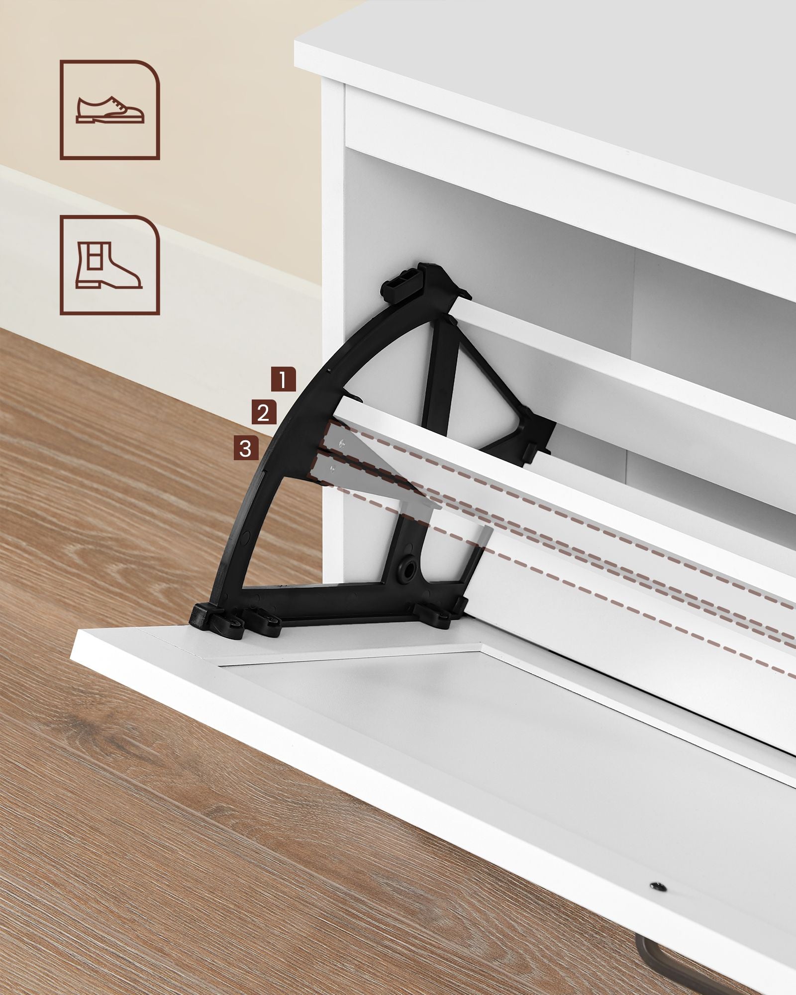 Shoe Bench – Wood – Cloud White – Adjustable Interior Divider and Folding Door