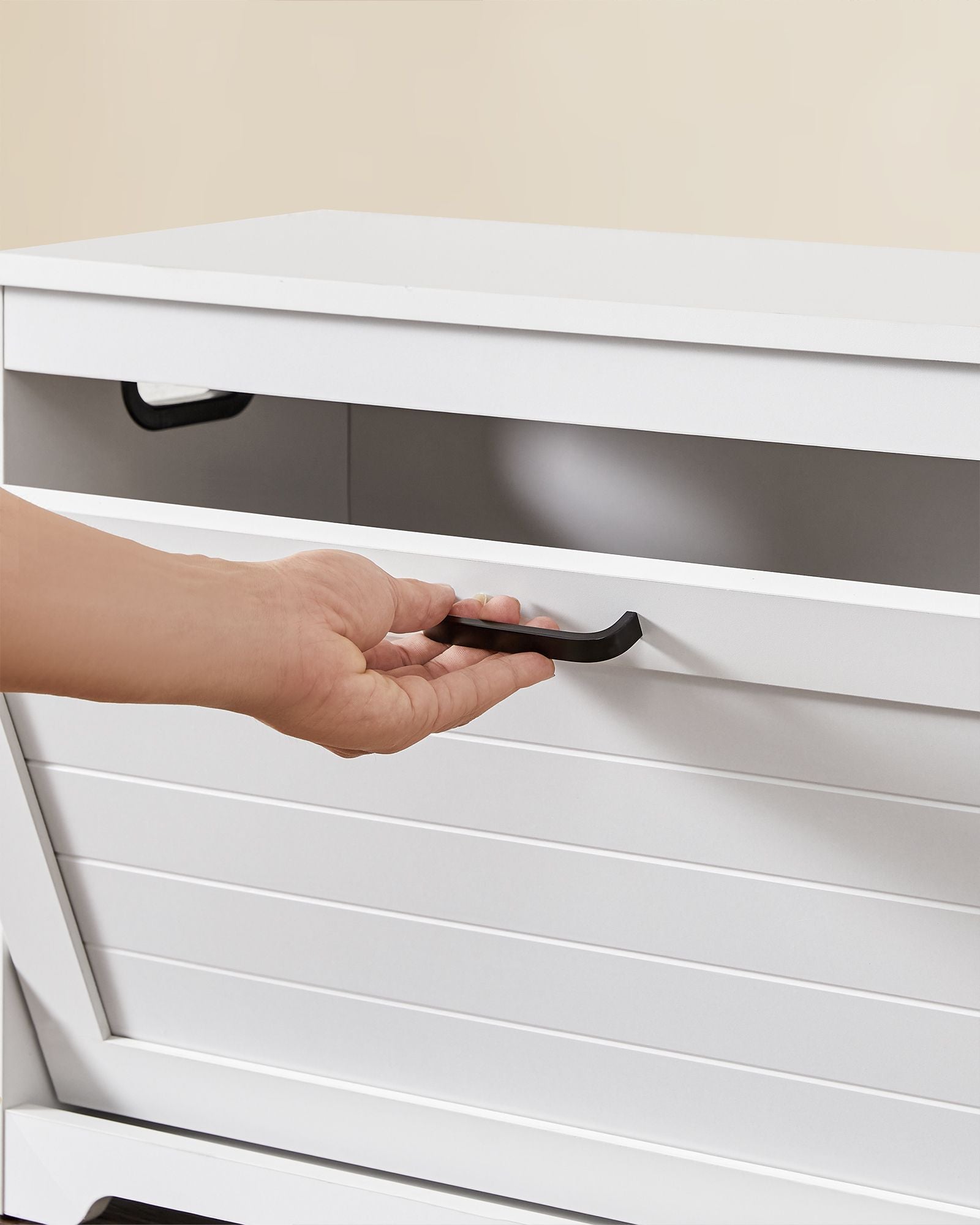 Shoe Bench – Wood – Cloud White – Adjustable Interior Divider and Folding Door