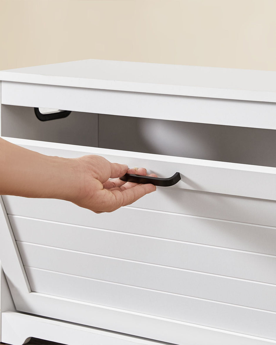 Shoe Bench – Wood – Cloud White – Adjustable Interior Divider and Folding Door