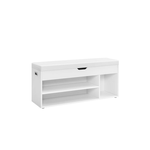 Storage Bench – Wood – White – Padded Seat with Hidden Chest and 2 Shelves