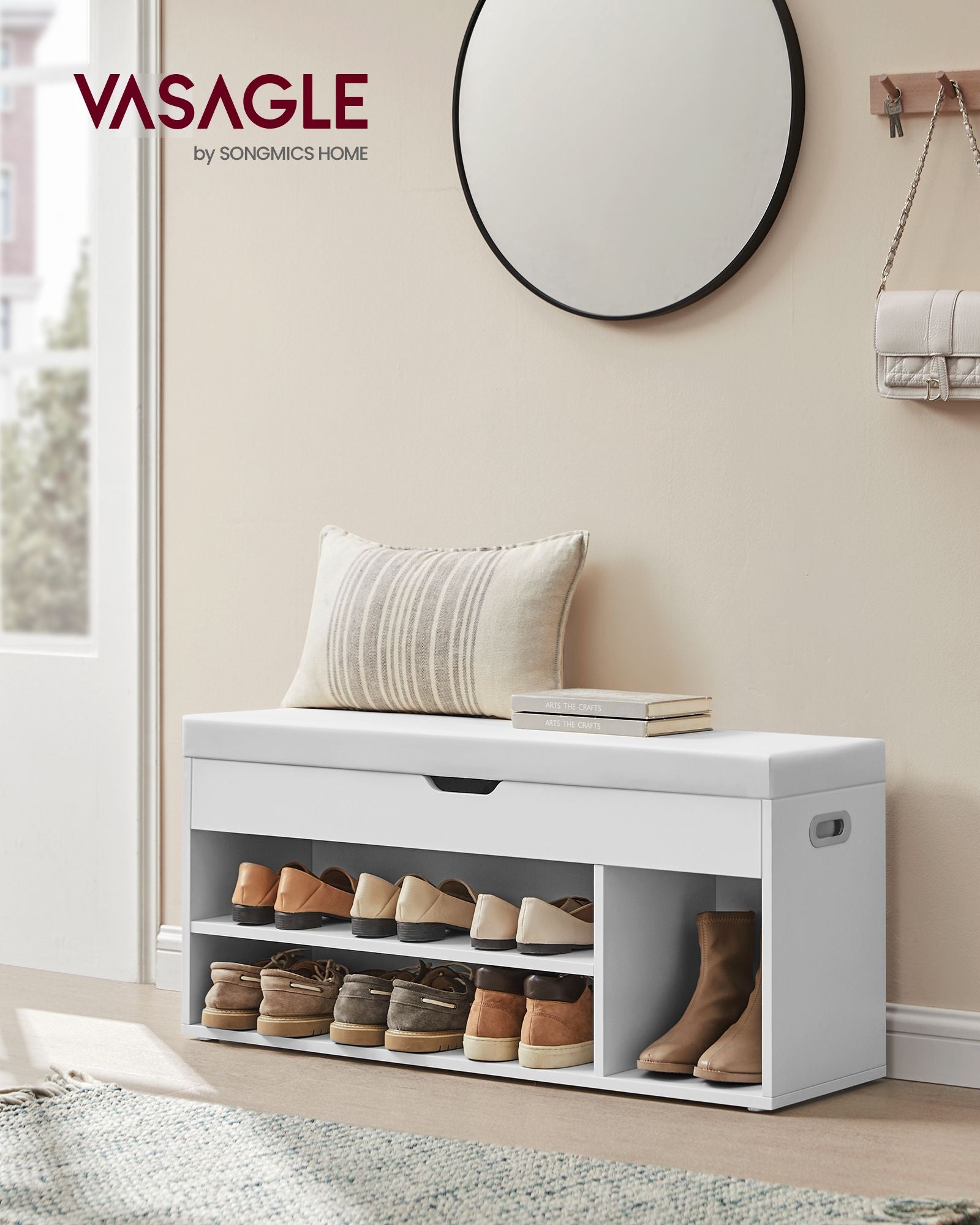 Storage Bench – Wood – White – Padded Seat with Hidden Chest and 2 Shelves