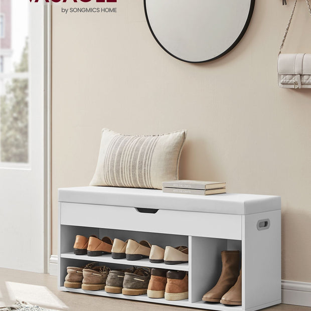 Storage Bench – Wood – White – Padded Seat with Hidden Chest and 2 Shelves