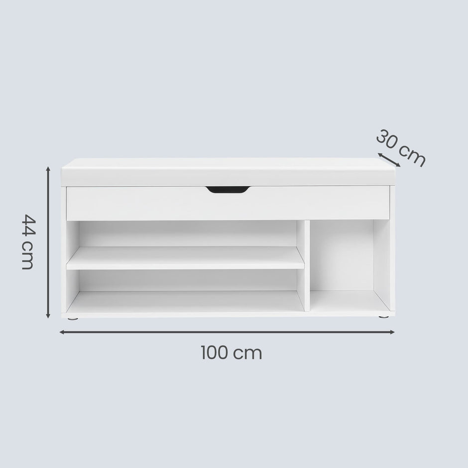 Entryway Storage Bench – Wood – White – Padded Seat with Hidden Compartments and Shelves