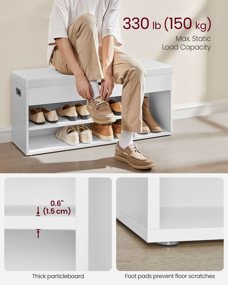 Storage Bench – Wood – White – Padded Seat with Hidden Chest and 2 Shelves