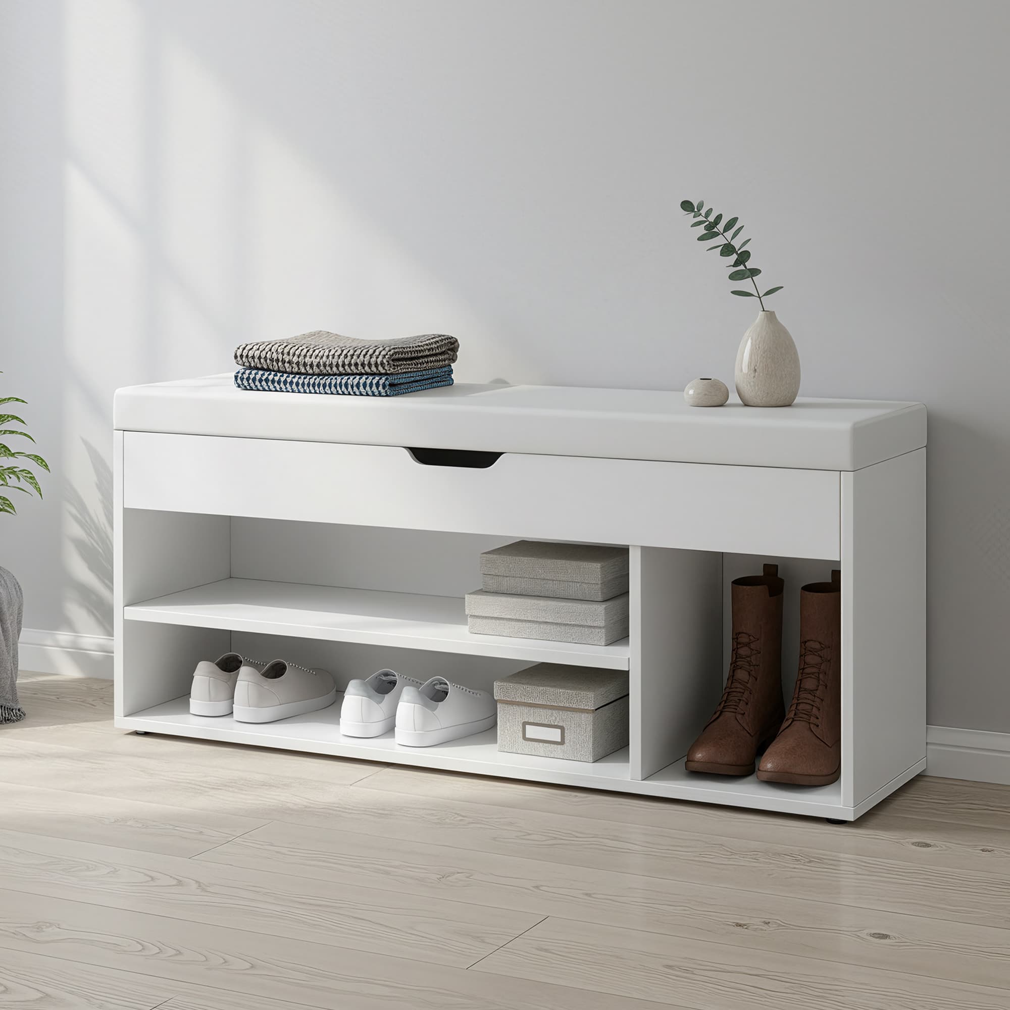 Entryway Storage Bench – Wood – White – Padded Seat with Hidden Compartments and Shelves