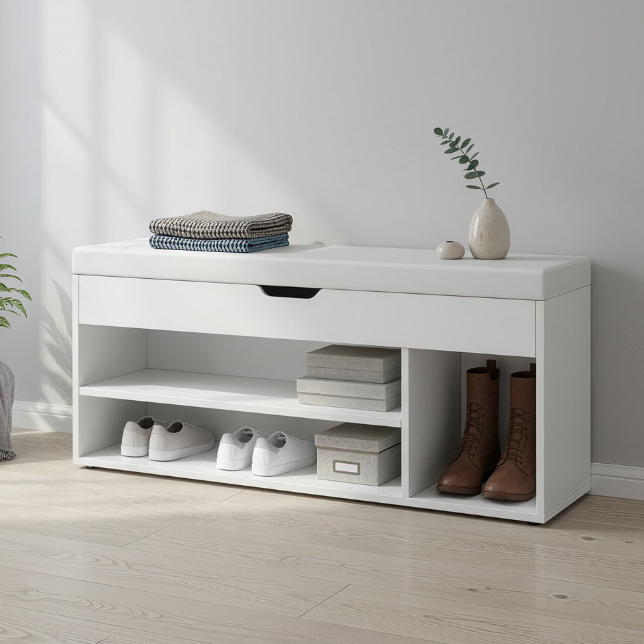 Entryway Storage Bench – Wood – White – Padded Seat with Hidden Compartments and Shelves