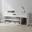 Entryway Storage Bench – Wood – White – Padded Seat with Hidden Compartments and Shelves