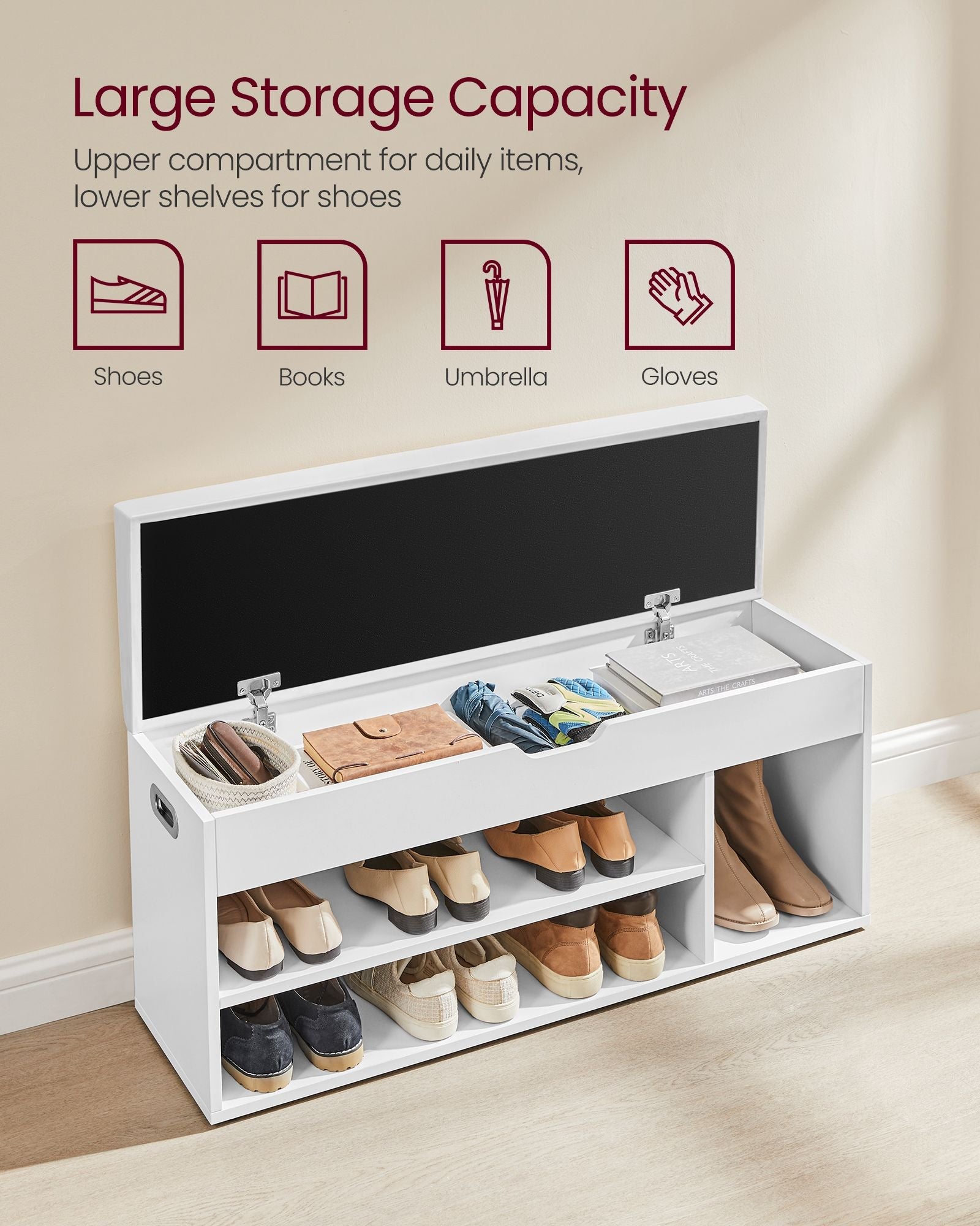Storage Bench – Wood – White – Padded Seat with Hidden Chest and 2 Shelves