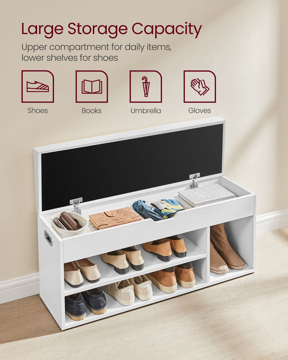 Storage Bench – Wood – White – Padded Seat with Hidden Chest and 2 Shelves