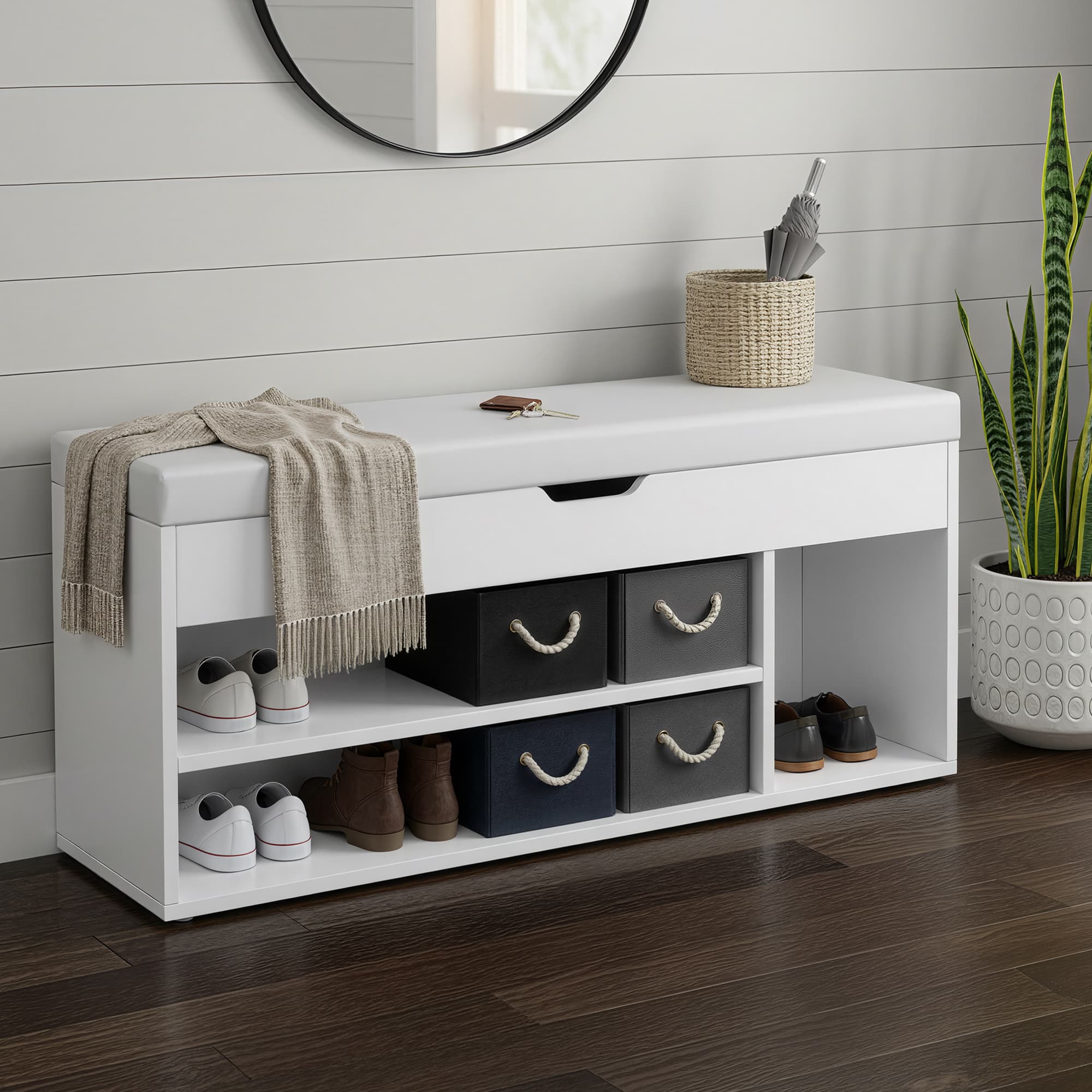 Entryway Storage Bench – Wood – White – Padded Seat with Hidden Compartments and Shelves