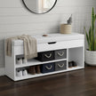 Entryway Storage Bench – Wood – White – Padded Seat with Hidden Compartments and Shelves