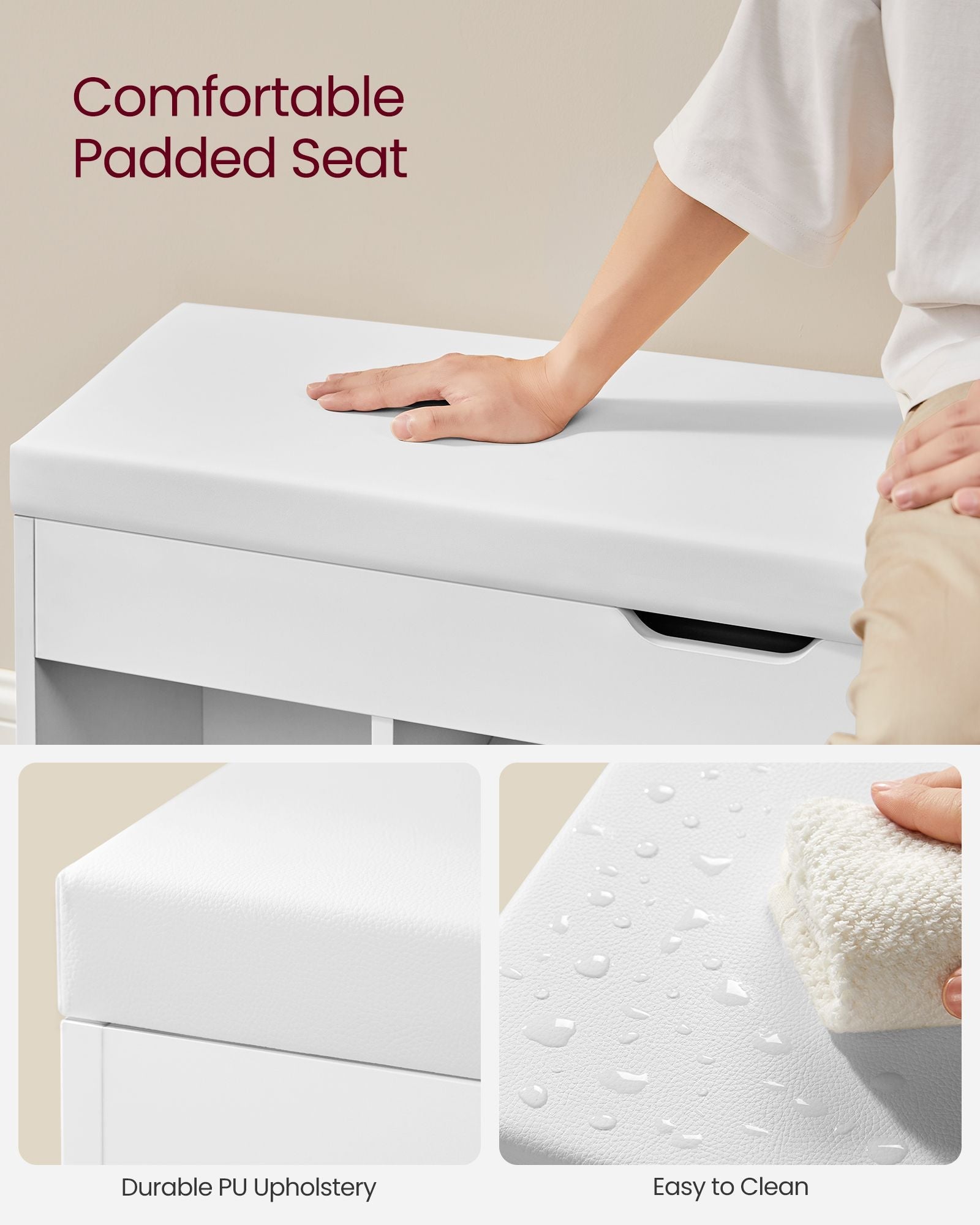 Storage Bench – Wood – White – Padded Seat with Hidden Chest and 2 Shelves
