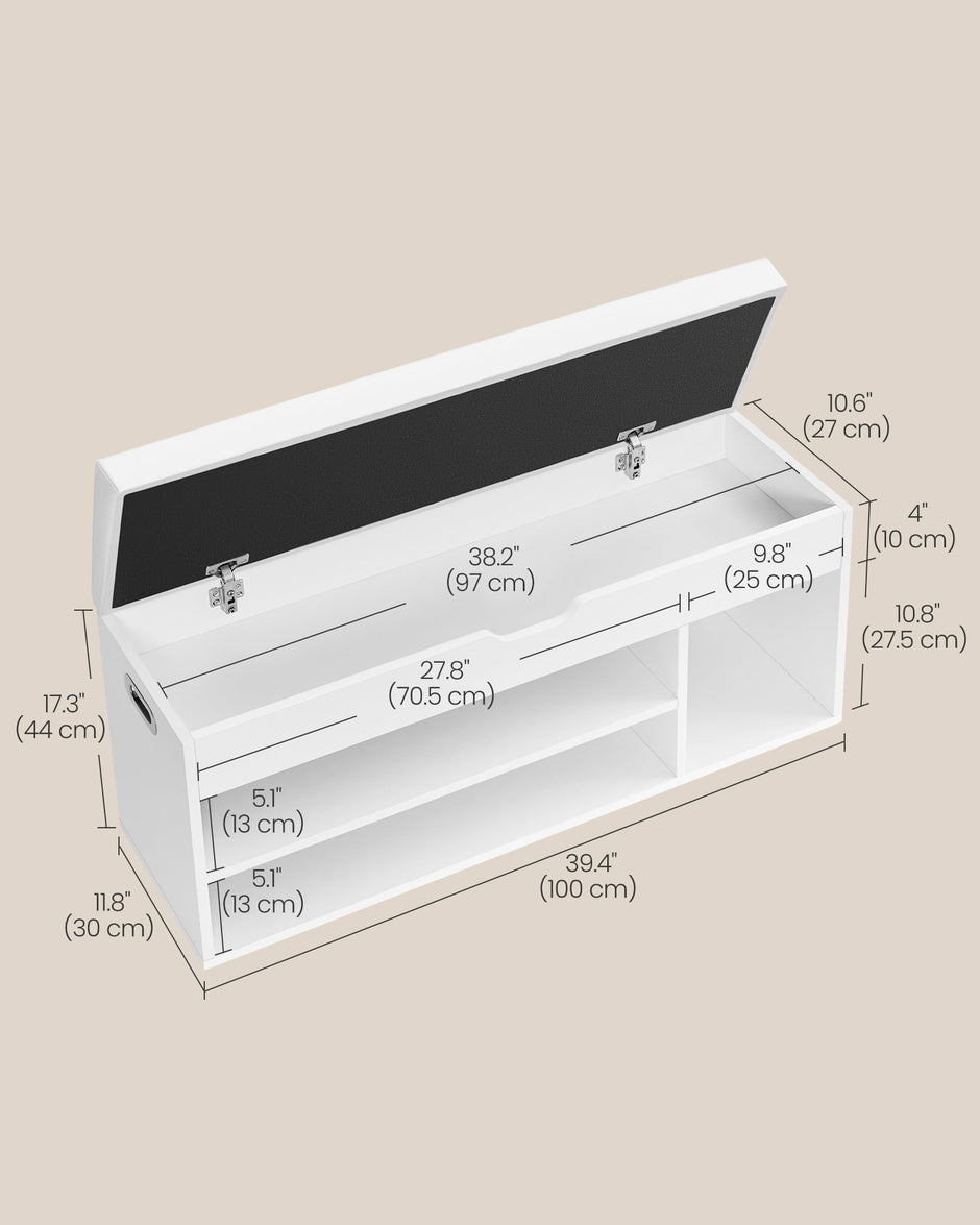 Storage Bench – Wood – White – Padded Seat with Hidden Chest and 2 Shelves