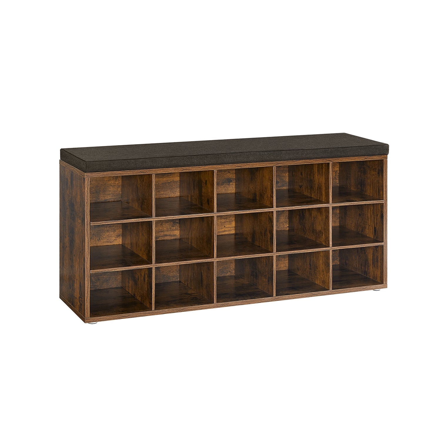 Shoe Rack Bench – Engineered Wood – Rustic and Caramel Brown – 15 Open Storage Compartments with Cushion