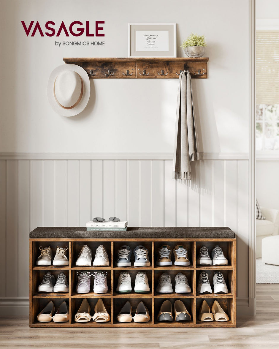 Shoe Rack Bench – Engineered Wood – Rustic and Caramel Brown – 15 Open Storage Compartments with Cushion