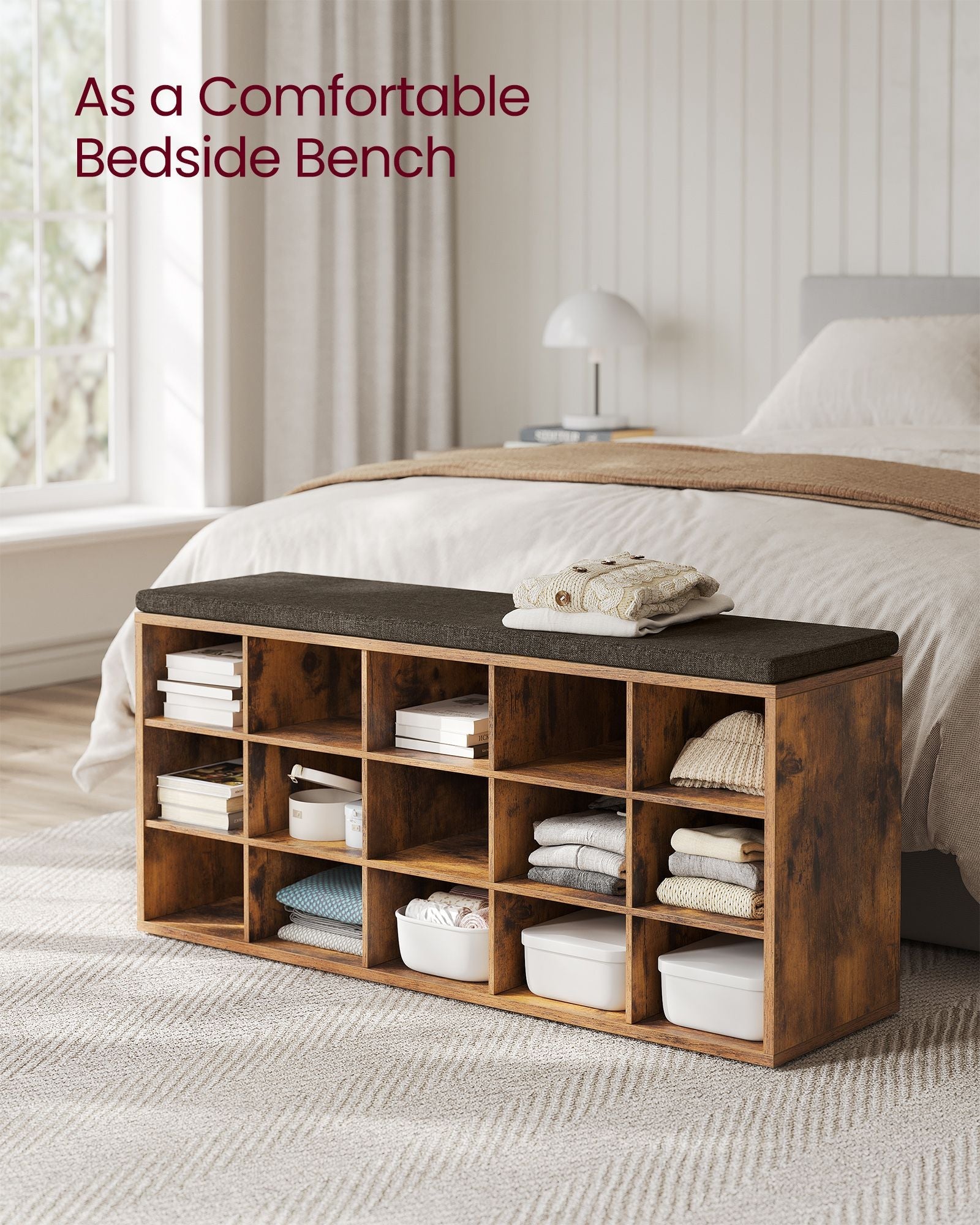 Shoe Rack Bench – Engineered Wood – Rustic and Caramel Brown – 15 Open Storage Compartments with Cushion