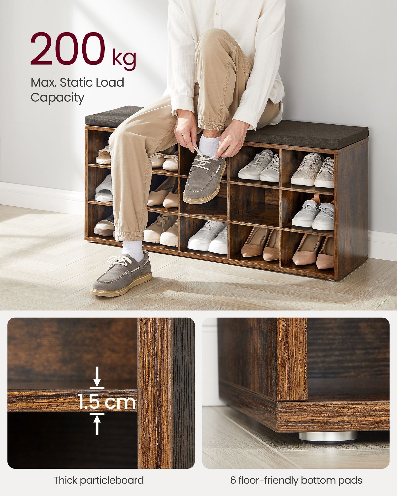 Shoe Rack Bench – Engineered Wood – Rustic and Caramel Brown – 15 Open Storage Compartments with Cushion