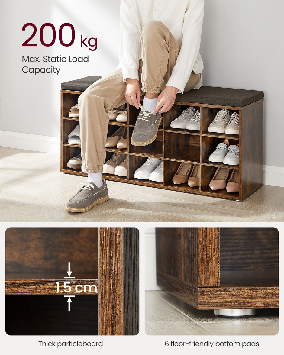Shoe Rack Bench – Engineered Wood – Rustic and Caramel Brown – 15 Open Storage Compartments with Cushion