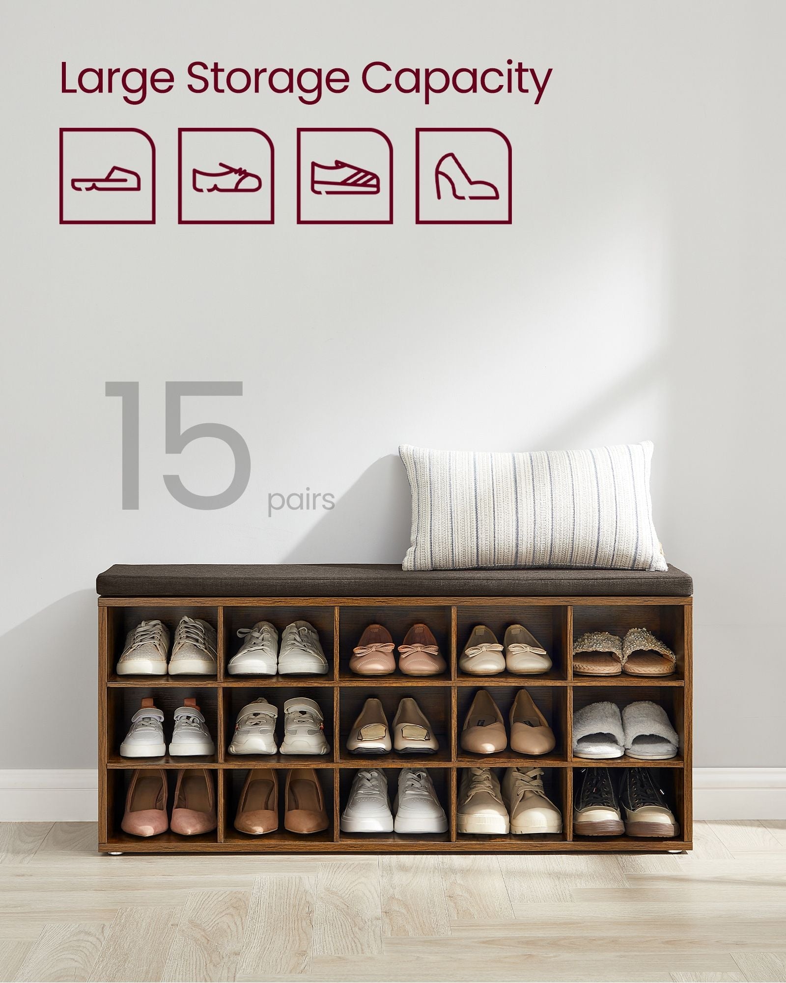 Shoe Rack Bench – Engineered Wood – Rustic and Caramel Brown – 15 Open Storage Compartments with Cushion