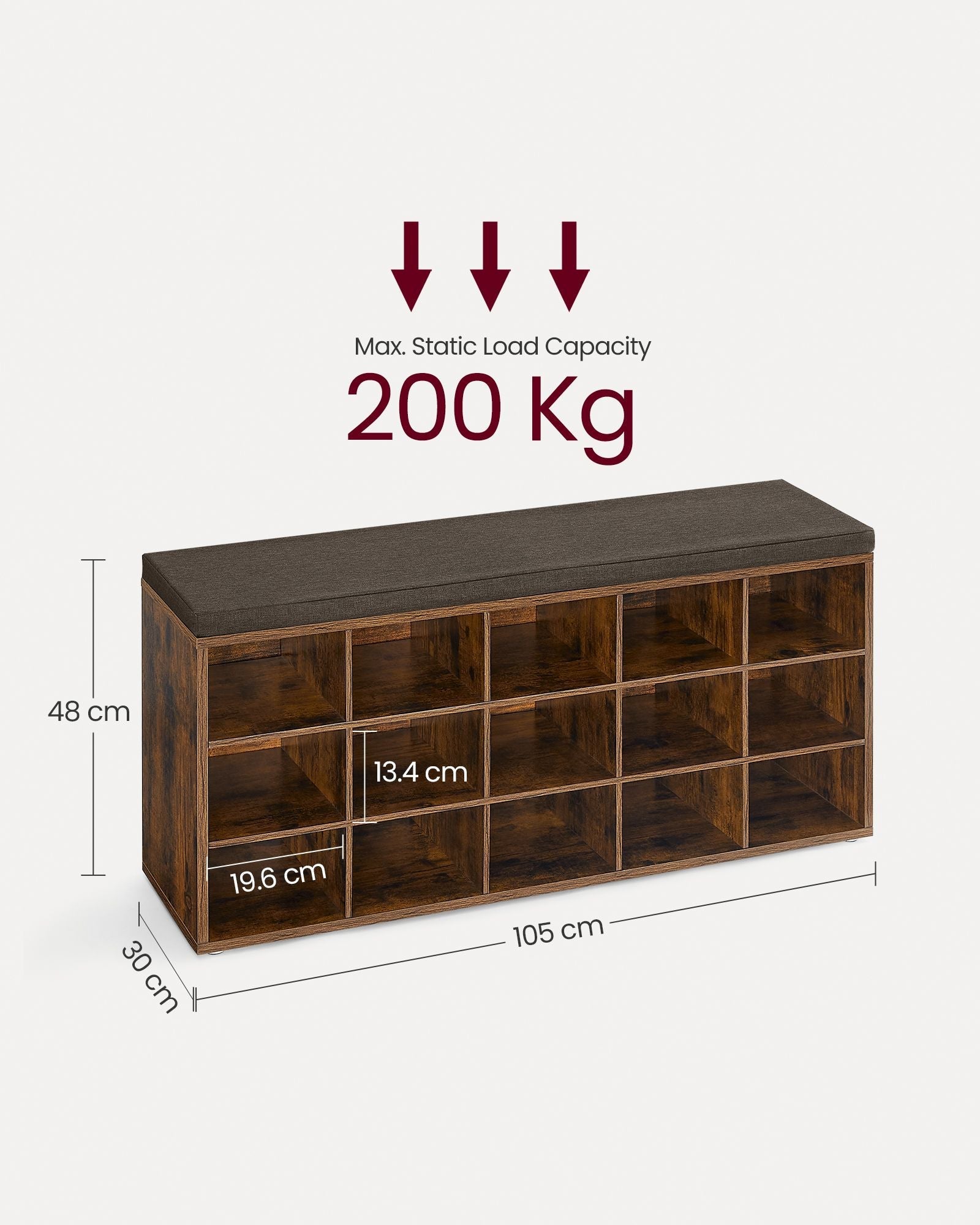 Shoe Rack Bench – Engineered Wood – Rustic and Caramel Brown – 15 Open Storage Compartments with Cushion