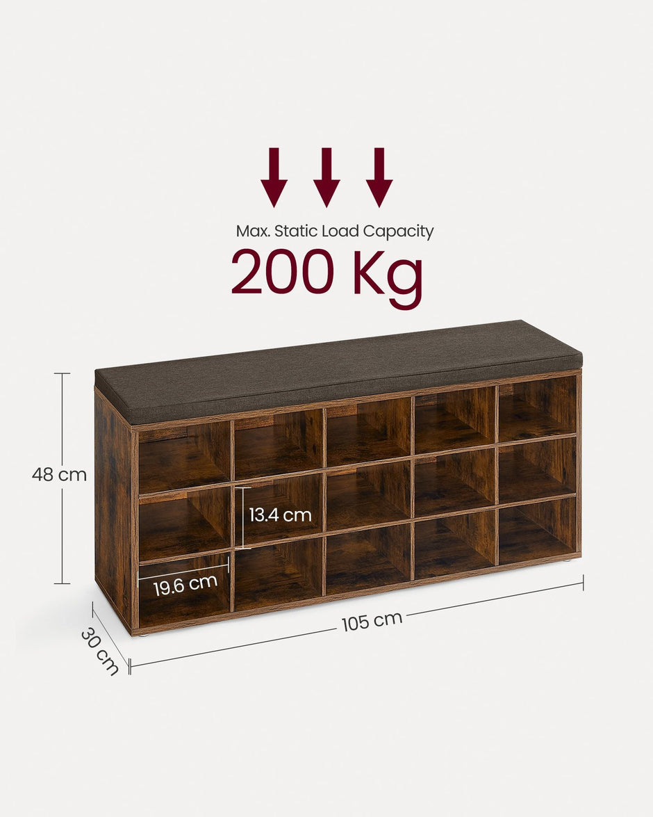 Shoe Rack Bench – Engineered Wood – Rustic and Caramel Brown – 15 Open Storage Compartments with Cushion