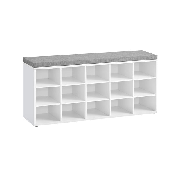 Shoe Rack – Wood – Cloud White and Dove Grey – Shoe Bench with Cushion and 15 Open Storage Compartments