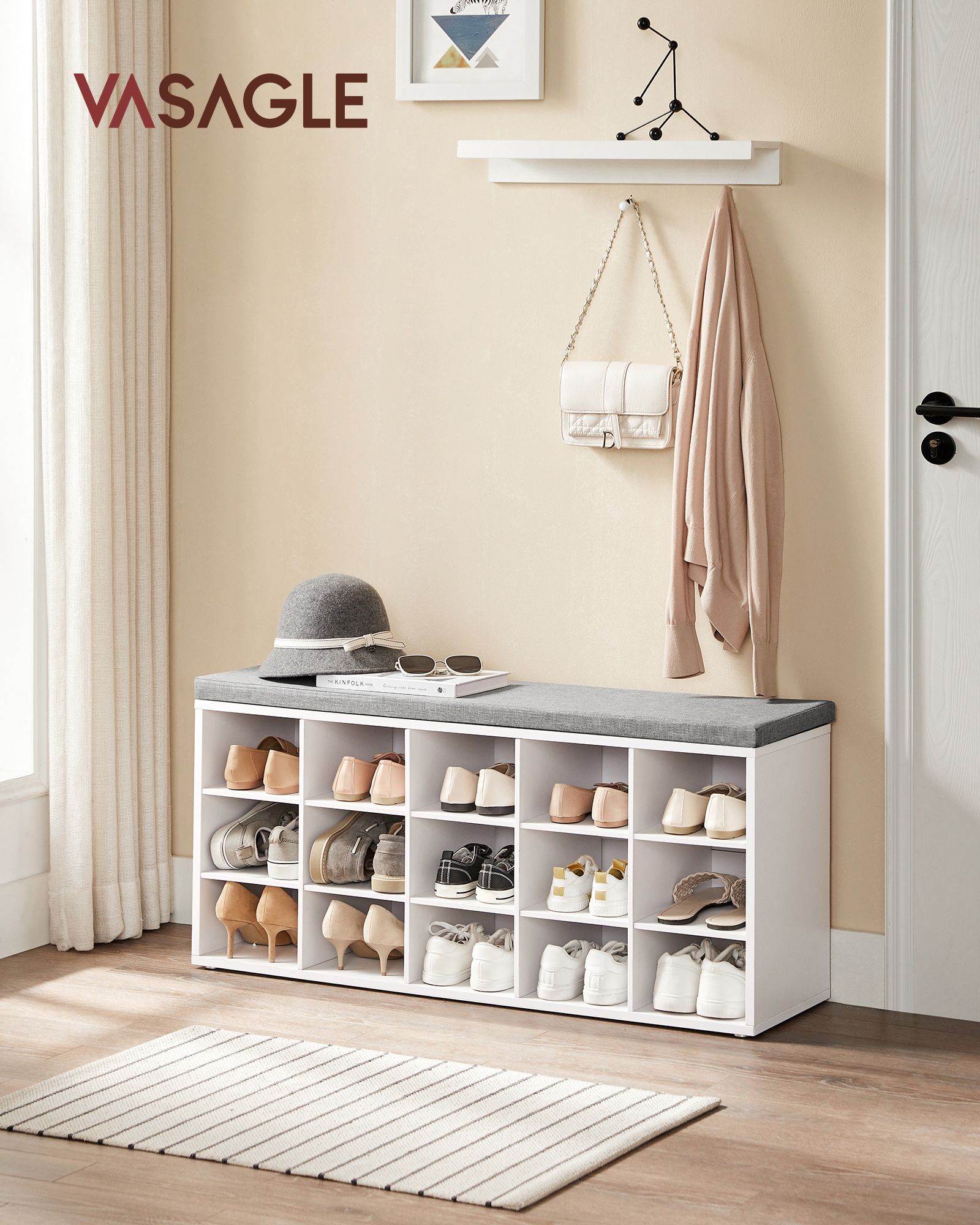 Shoe Rack – Wood – Cloud White and Dove Grey – Shoe Bench with Cushion and 15 Open Storage Compartments