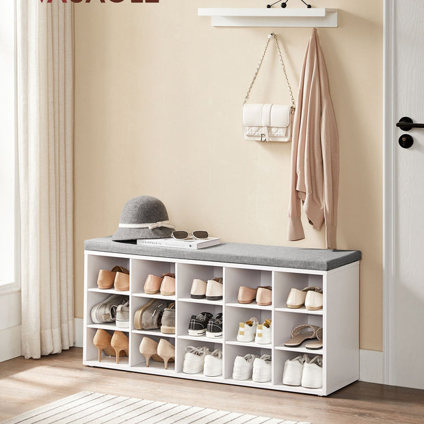 Shoe Rack – Wood – Cloud White and Dove Grey – Shoe Bench with Cushion and 15 Open Storage Compartments