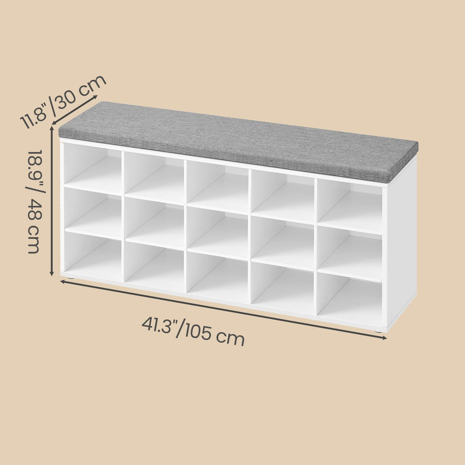 Entryway Storage Bench – Upholstered Fabric – White and Grey – 15 Open Compartments