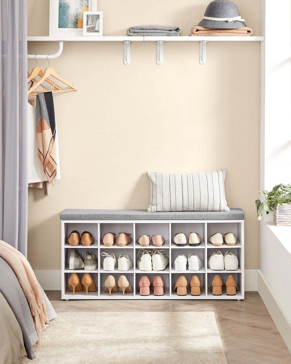 Shoe Rack – Wood – Cloud White and Dove Grey – Shoe Bench with Cushion and 15 Open Storage Compartments