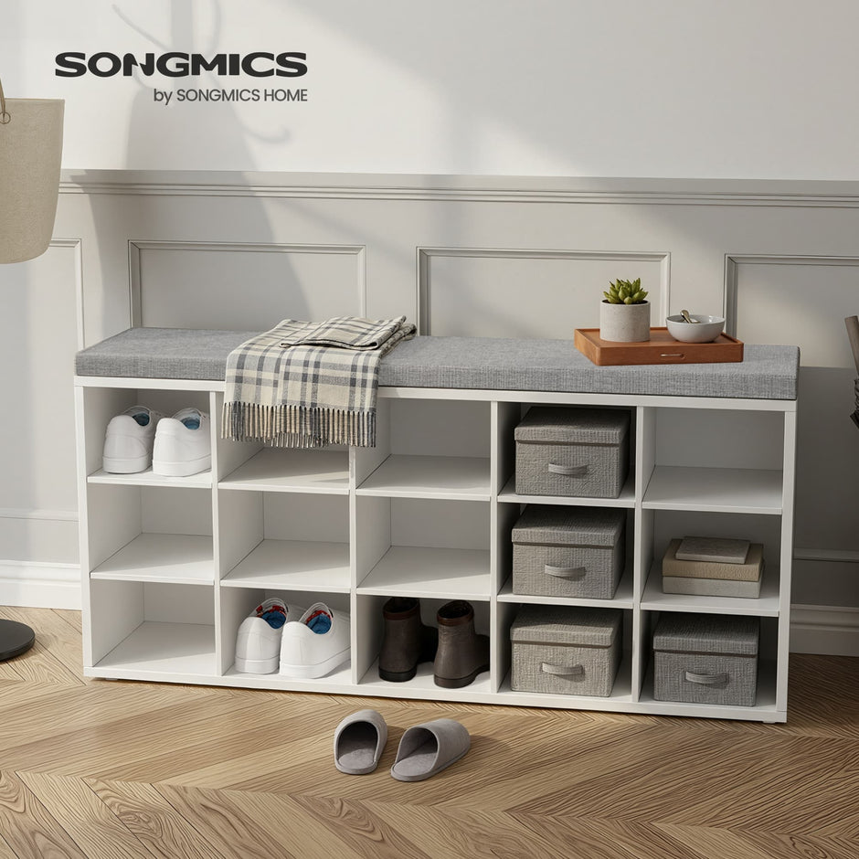 Entryway Storage Bench – Upholstered Fabric – White and Grey – 15 Open Compartments
