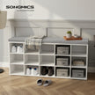 Entryway Storage Bench – Upholstered Fabric – White and Grey – 15 Open Compartments
